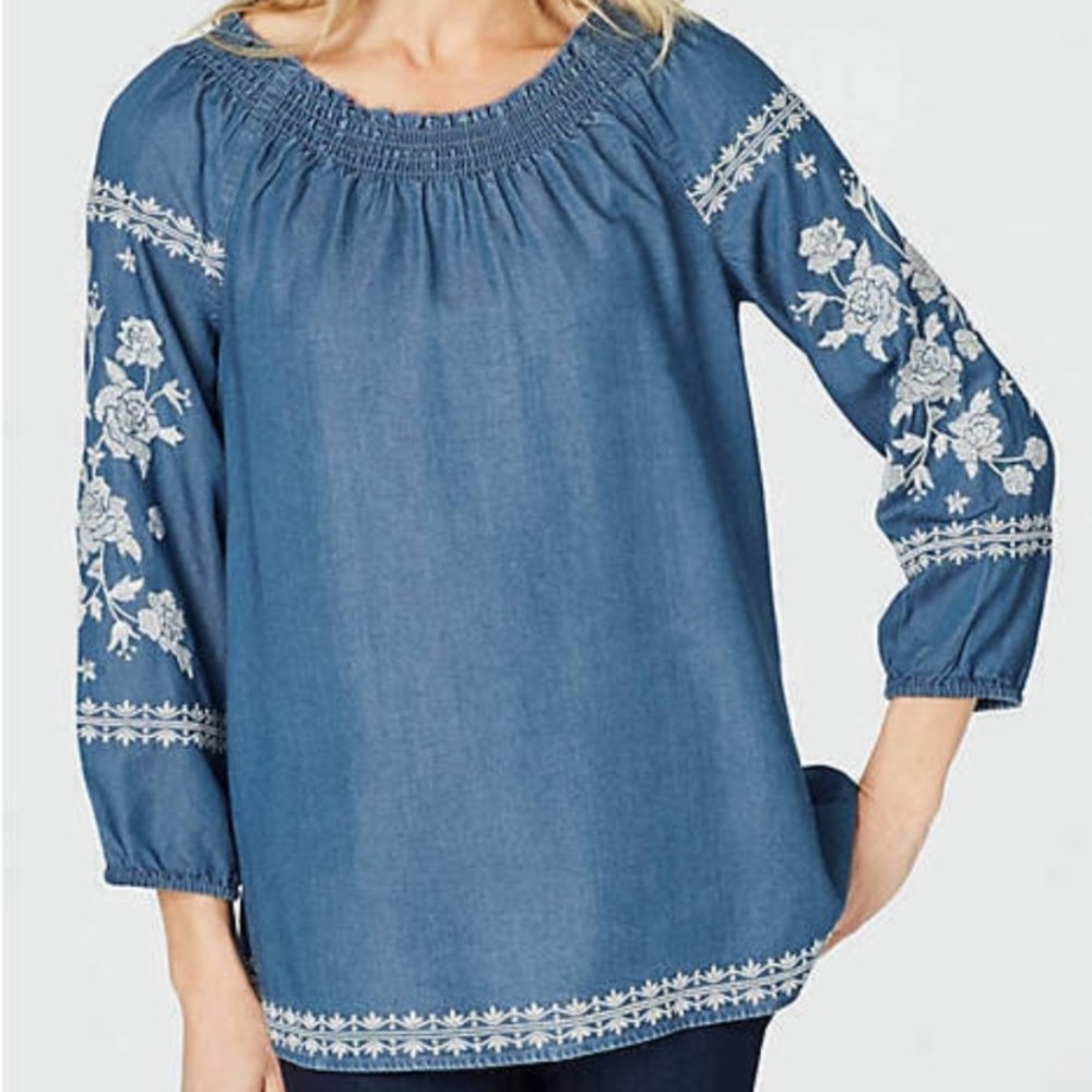 J.Jill Denim Embroidered Top Size Small